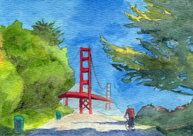 Drier version: a strong blue sky, trees painted as separate shapes with crisp edges, and a clear far tower