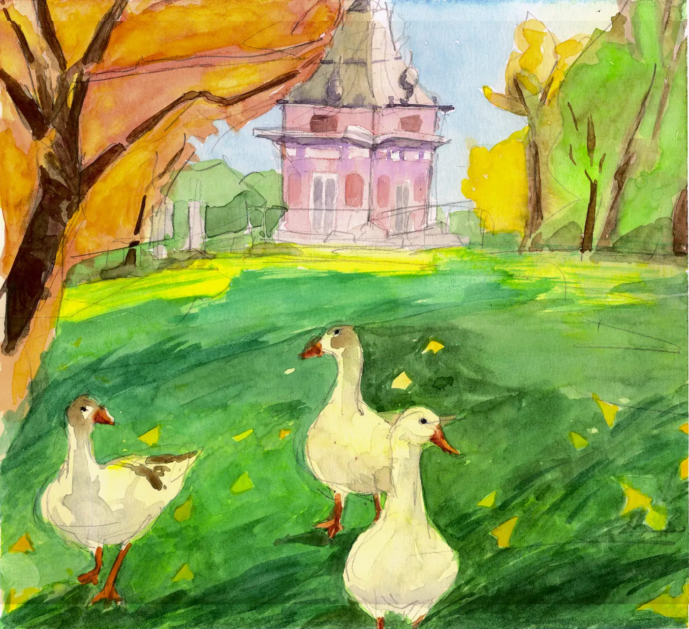 Watercolor of three white geese on a green lawn scattered with yellow leaves, with the pink Casita del Pescador pavilion and autumn trees behind them in El Retiro park, Madrid