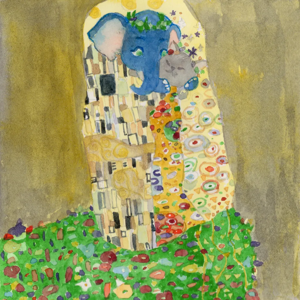 Watercolor of a blue elephant and a grey cat embracing in the pose of Klimt's The Kiss, wrapped in gold patterned robes above a meadow of flowers, on an ochre background